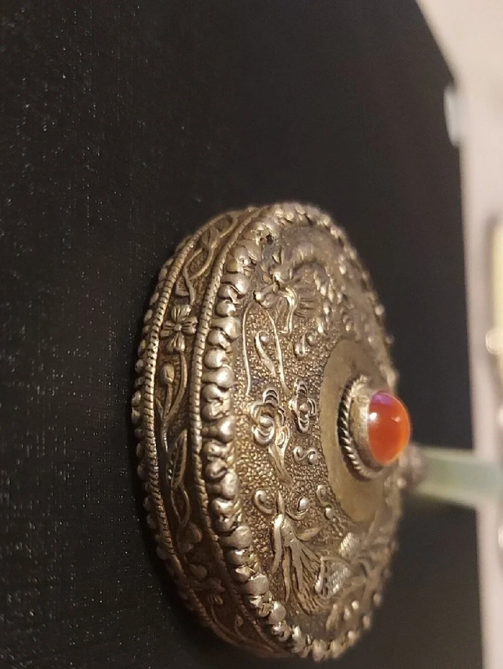 Vintage Chinoiserie Jade Handle Dragon Mirror Carnelian Silver Vanity Antique - Picture 11 of 12